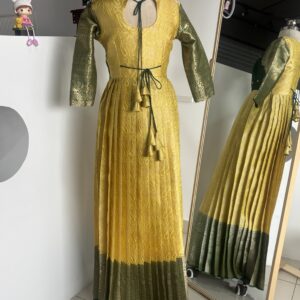 Designer Lemon Yellow Brocade Long Gown with Aari Work
