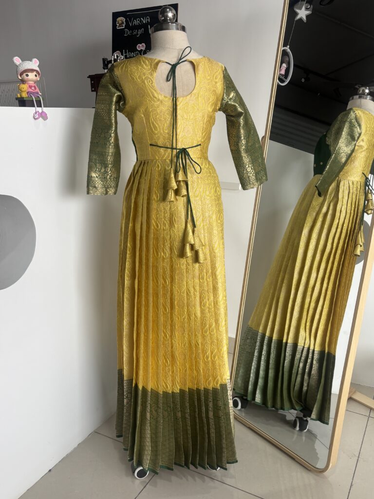 Designer Lemon Yellow Brocade Long Gown with Aari Work