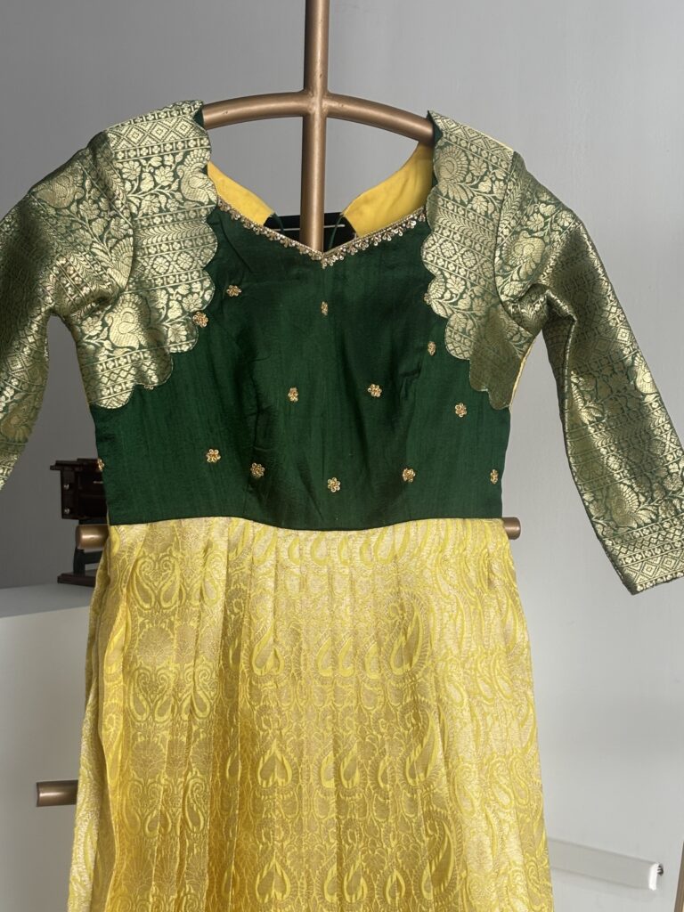 Bottle Green Raw Silk Bodice with Aari Work on Traditional Gown