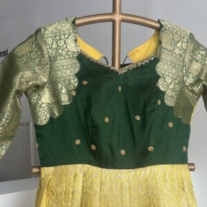 Lemon Yellow Sri Work Traditional Long Gown with Bottle Green Border