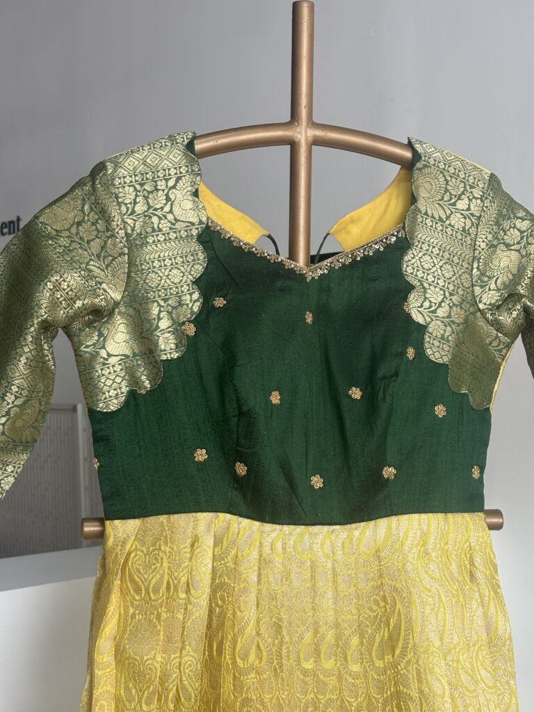 Lemon Yellow Sri Work Traditional Long Gown with Bottle Green Border
