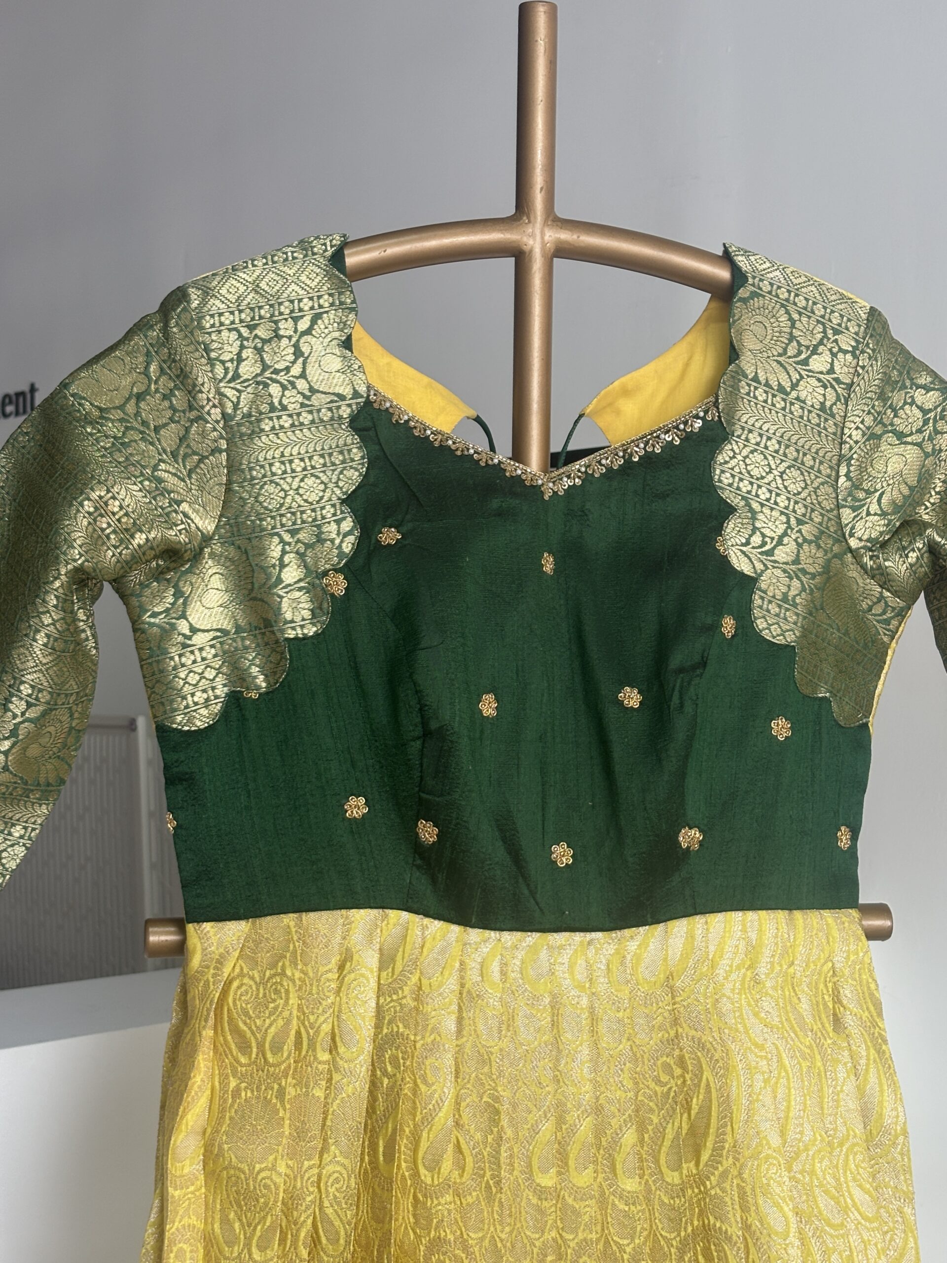 Lemon Yellow Sri Work Traditional Long Gown with Bottle Green Border