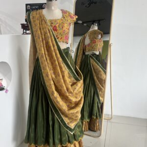 Double layered olive green lehenga with scallop detailing and floral blouse