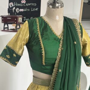 Bottle green pure silk embroidered blouse with designer sleeves