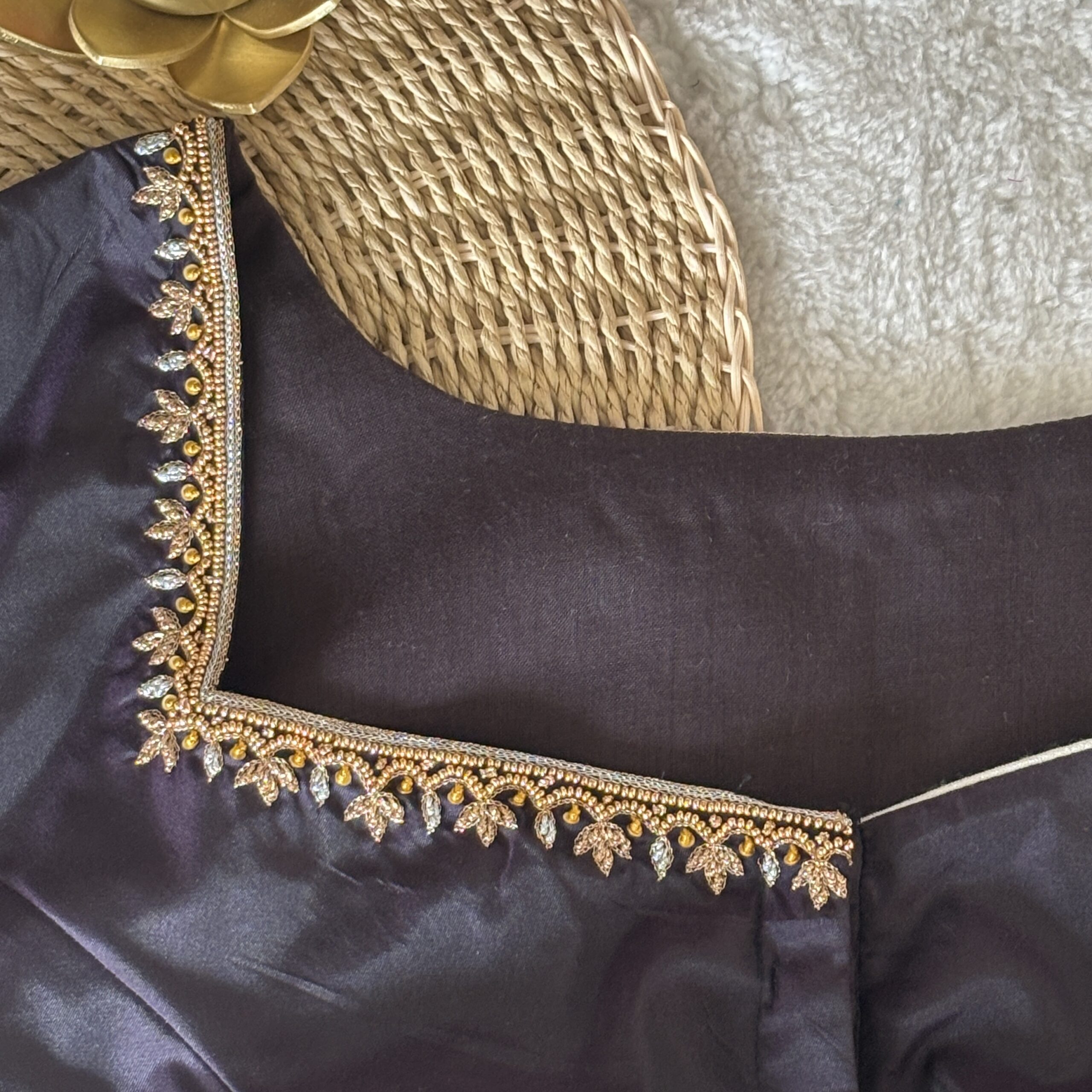 Coffee Brown Aari Work Blouse Neckline