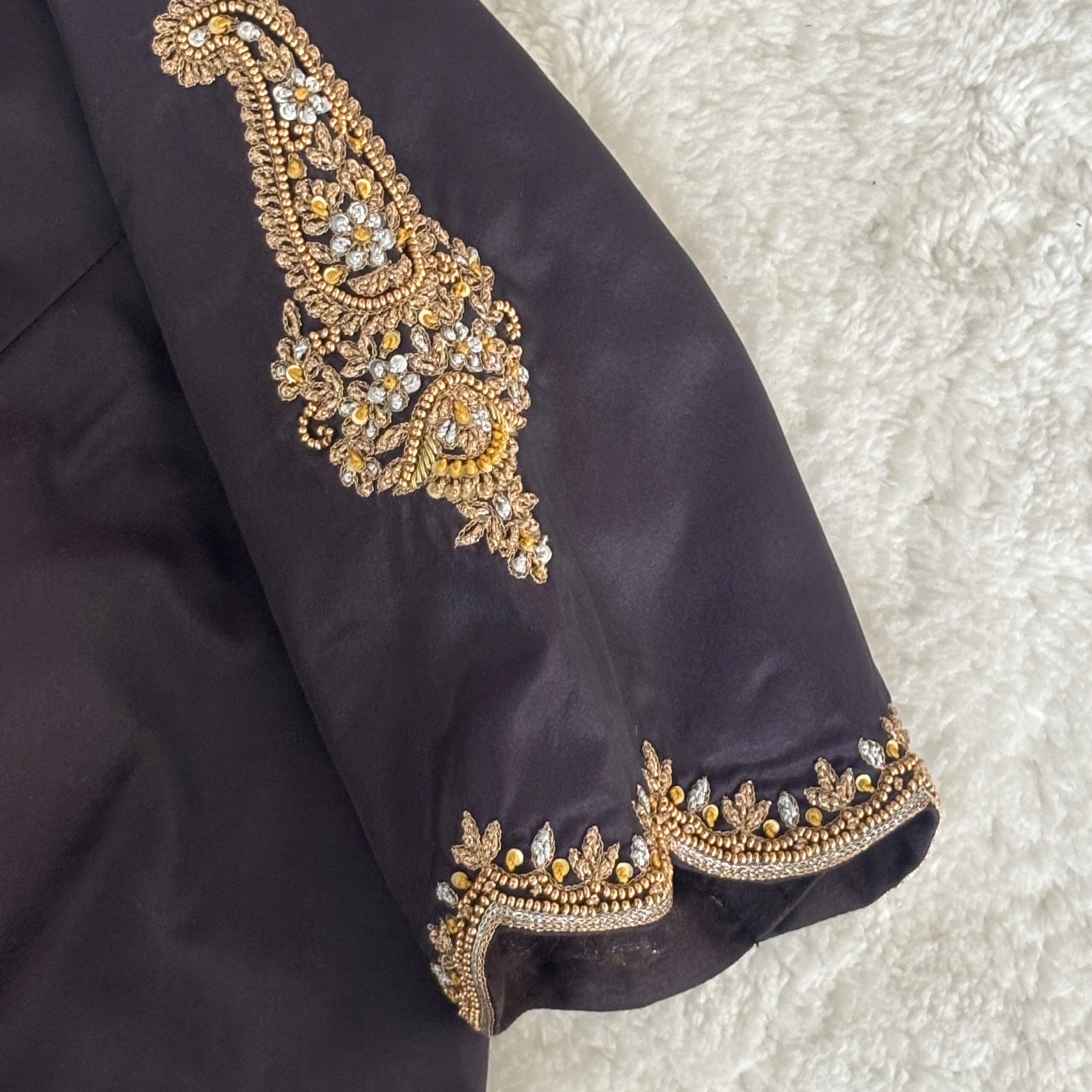 Coffee brown silk blouse with paisley Aari embroidery