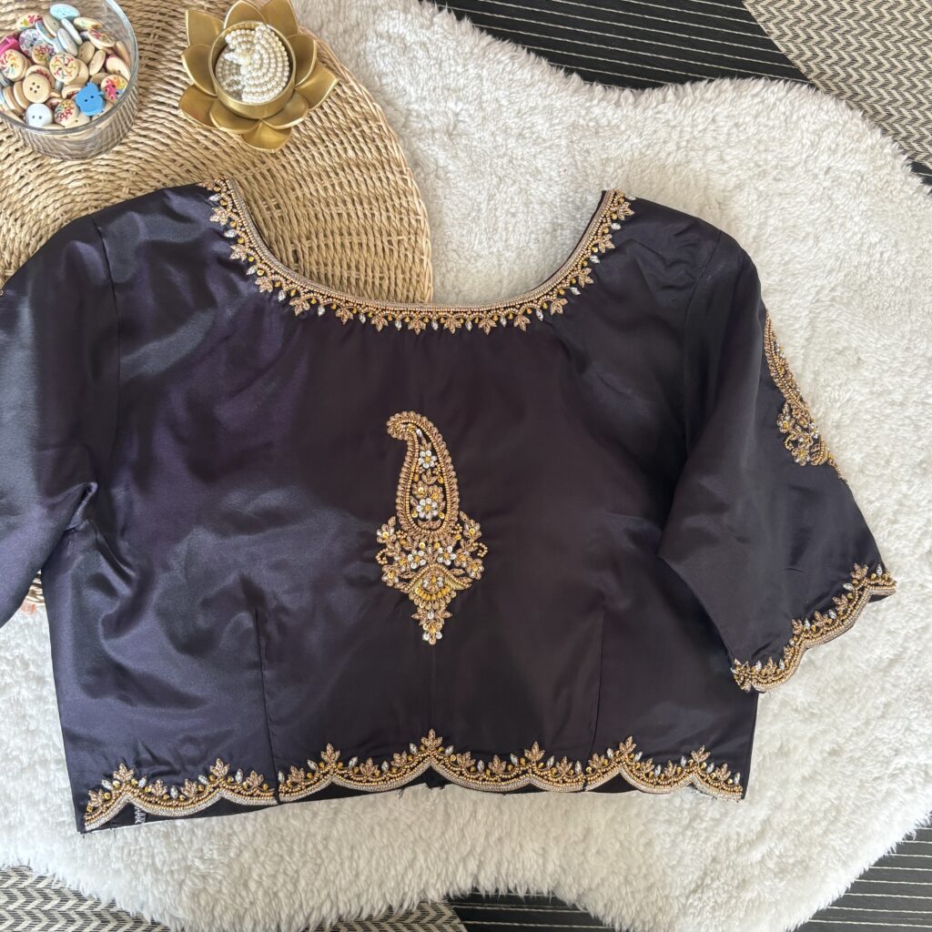 Coffee Brown Aari Work Blouse Back View