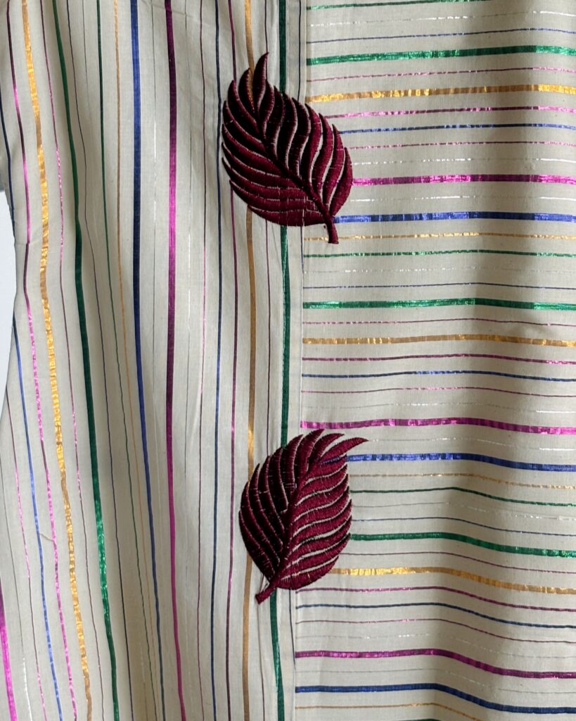 Leaf embroidered striped Onam top