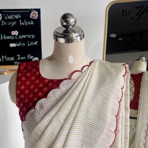 Cherry red blouse with Onam lehenga