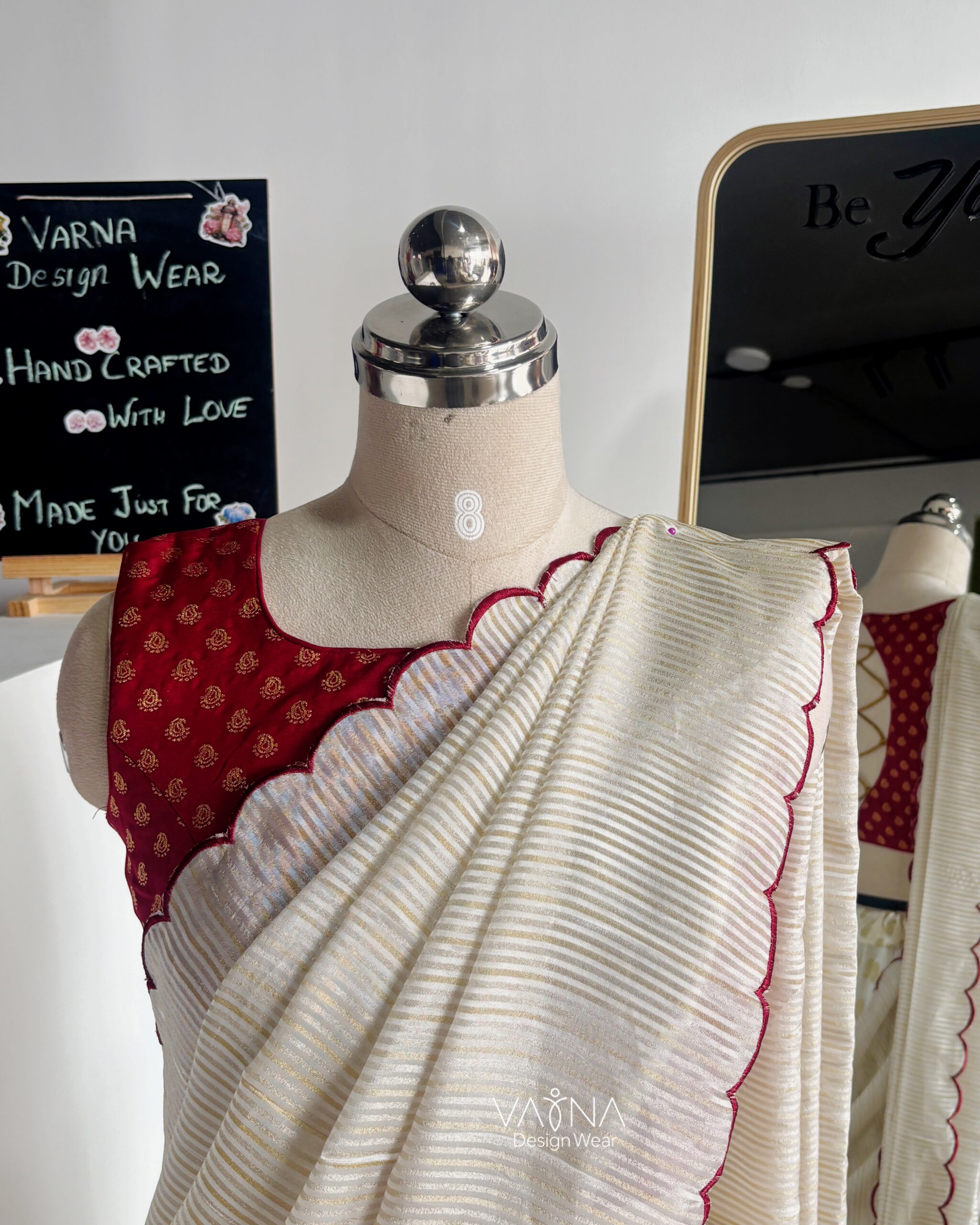 Cherry red blouse with Onam lehenga