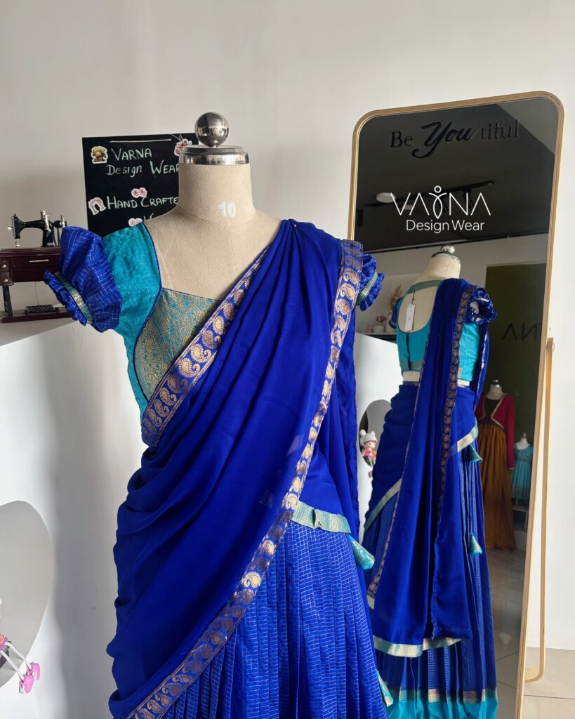 Royal blue crepe half saree lehenga set